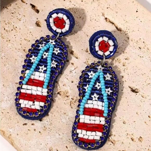 New Patriotic Beaded Flip Flop 4th Of July Thong Sandal Earrings - Picture 6 of 8